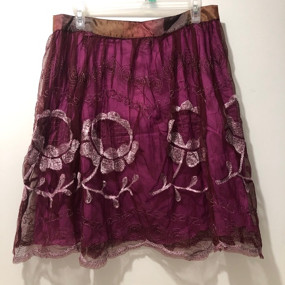 Free People Dresses & Skirts - Free People Boho Skirt Women 10 Silky Embroidered Shell Solid Lining Merlot New